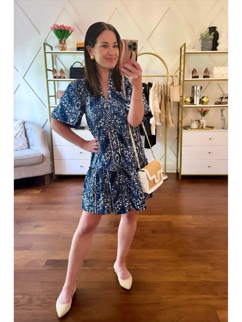 Tuckernuck Sz Med Montecito Midnight Mini Blue Floral Tiered Ruffle S/S Dress